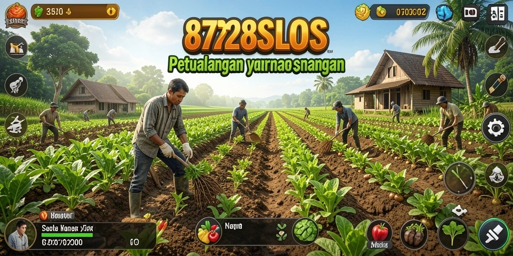 Screenshot gameplay 8728SLOTS menampilkan pemandangan ladang yang indah dan aktivitas bertani.