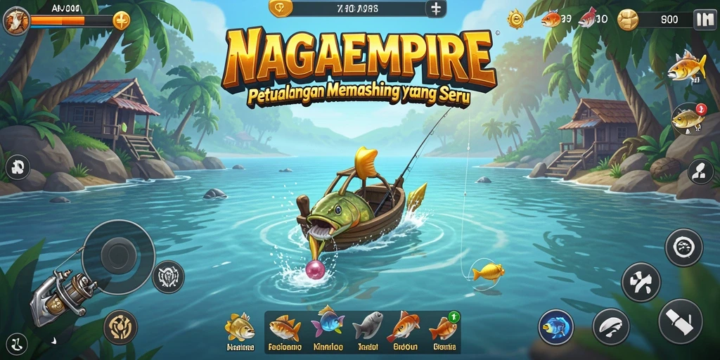 Screenshot gameplay NAGAEMPIRE yang menunjukkan aksi memancing menarik.