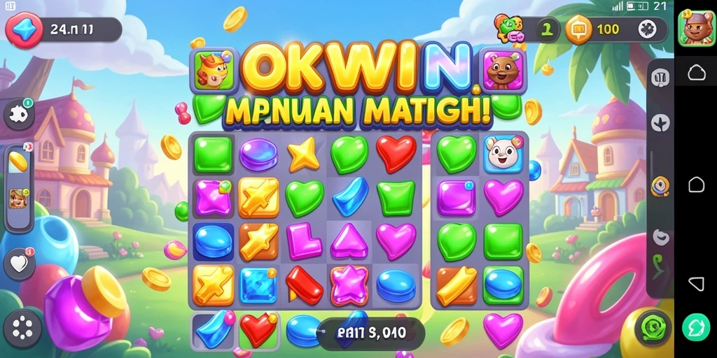 Tangkapan layar gameplay OKWIN menunjukkan keseruan mencocokkan permata.