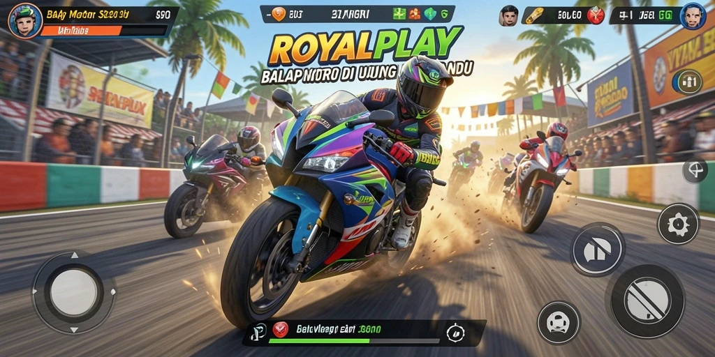 Gameplay <strong>ROYALPLAY</strong> dengan balapan motor yang mendebarkan.