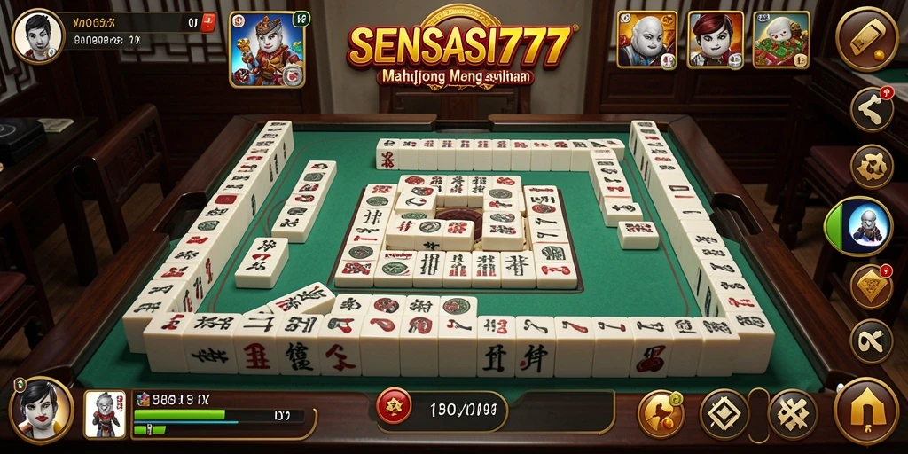Tampilan gameplay SENSASI777 dengan ubin Mahjong yang berwarna-warni.